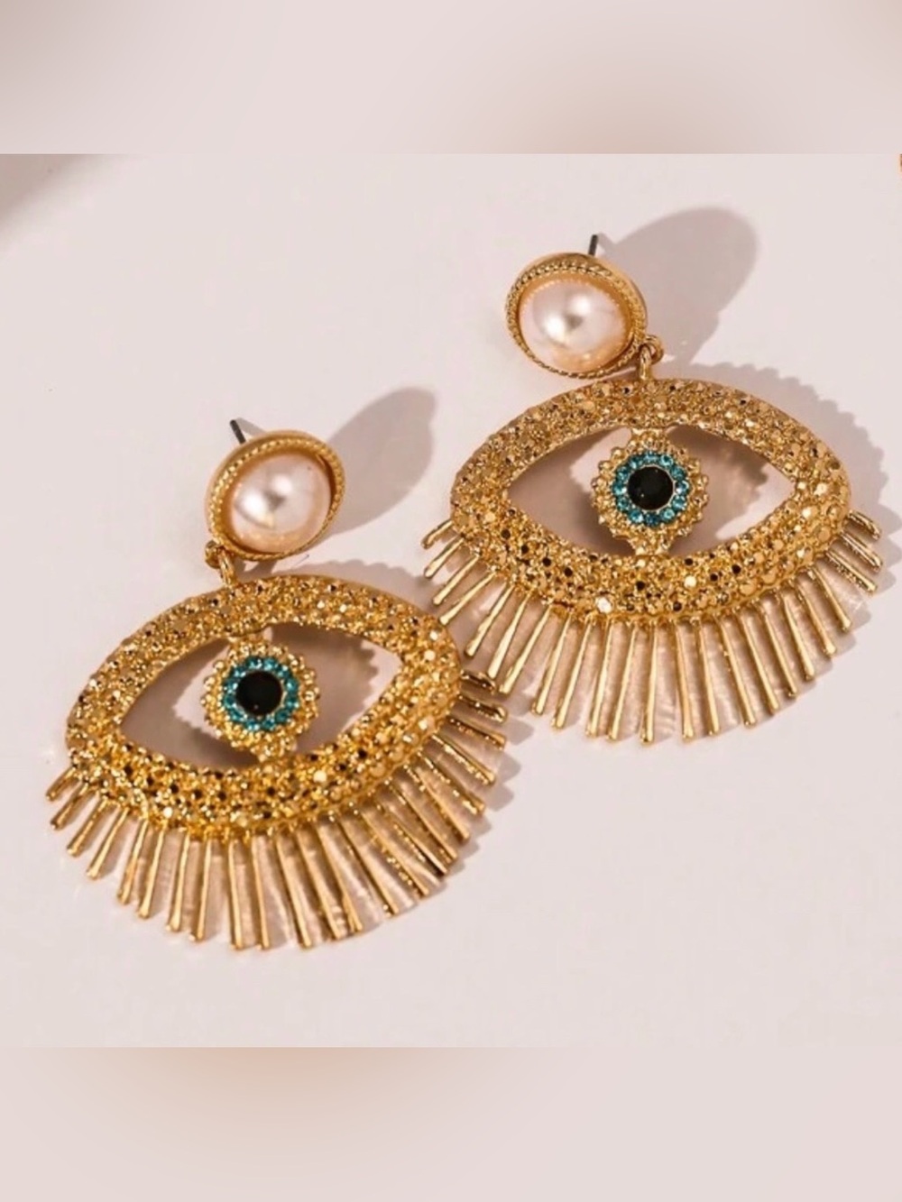 Gold Evil Eye Drop Earrings with Pearl Top